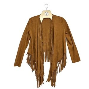 Comme Usa Brown‎ Suede Faux Leather Fringe Waterfall Jacket Cardigan